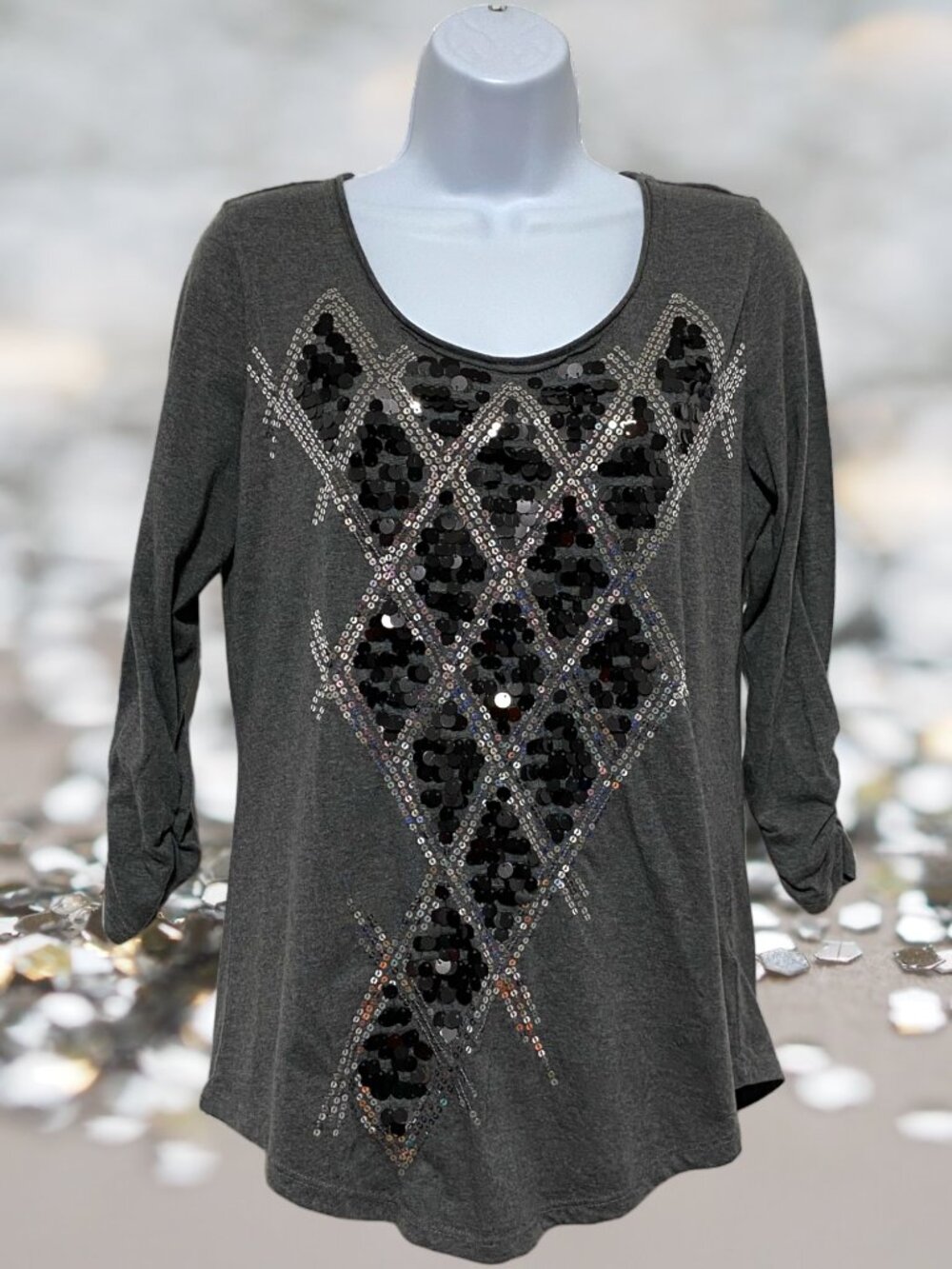 Style & Co-Women's Small Pullover Top Grey Sequins Design-Cotton/Polyester